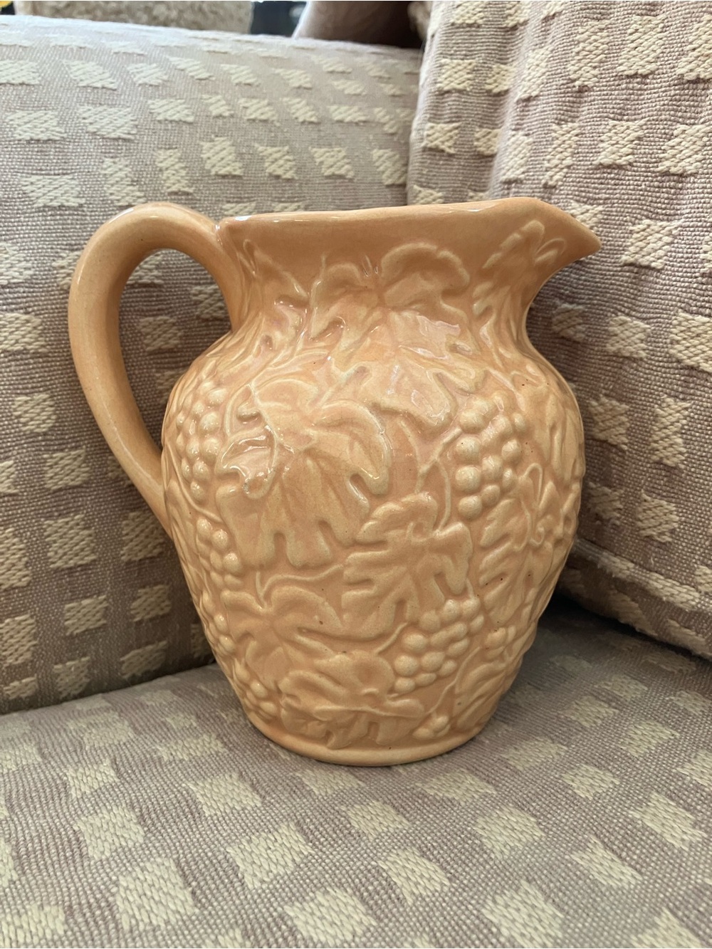 Vintage Uhl Pottery grapevine stoneware pitcher (Model #183)